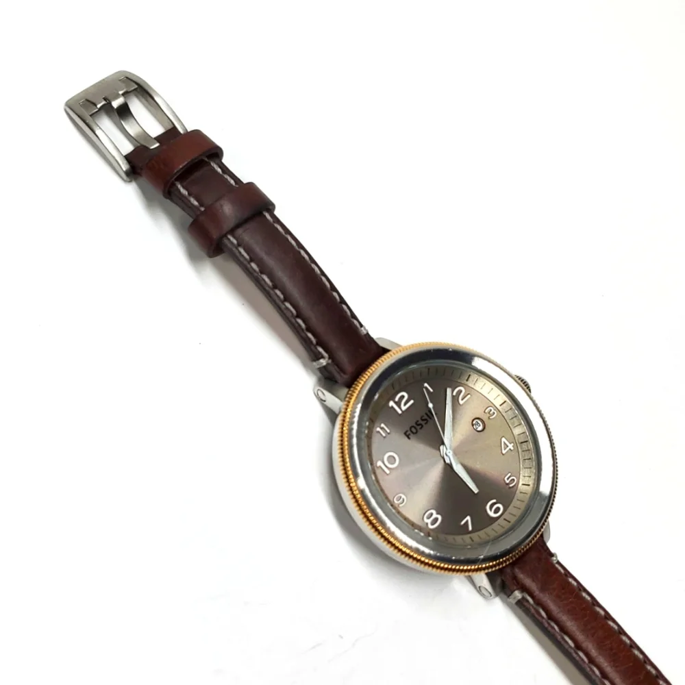 Fossil Watch AM-4304 Silver Gold Watch Brown Leather Band